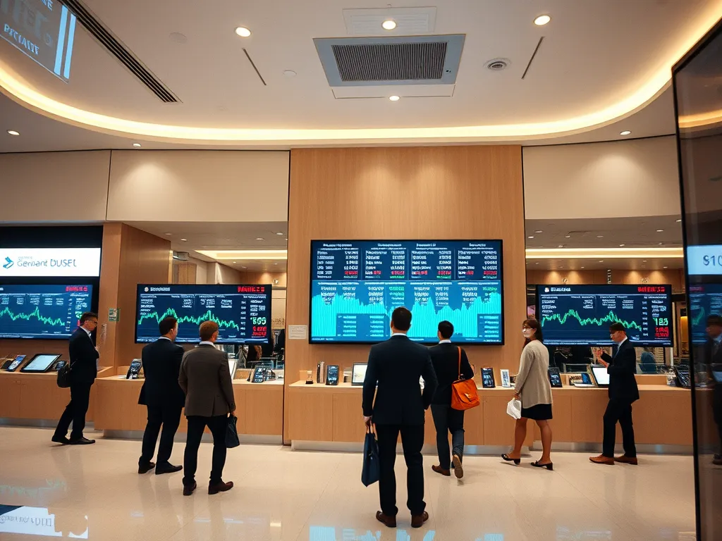 Centro financiero con pantallas de cartelería digital mostrando información del mercado.