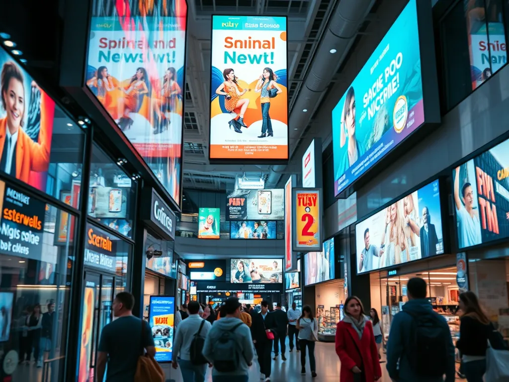 Pantallas digitales en un comercio mostrando contenido dinámico atractivo.