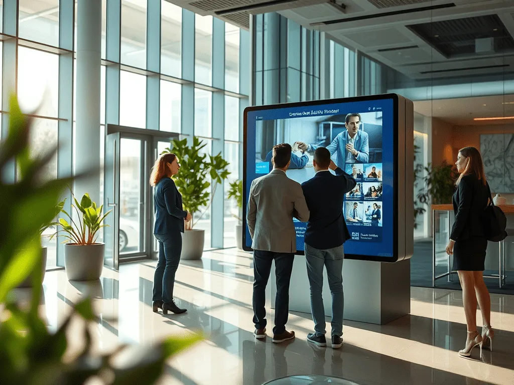 Clientes observando un cartel digital en la entrada de un edifcio.