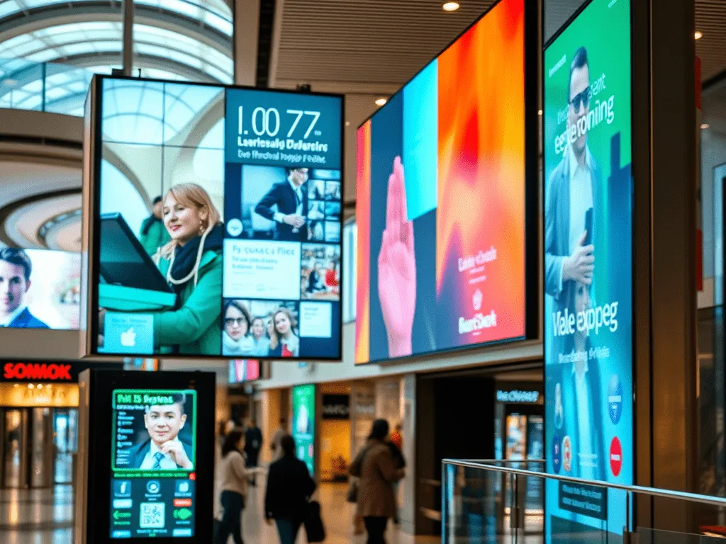 Carteles digitales modernos en un centro comercial, optimizando cada espacio disponible.